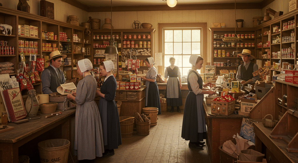 Amish general store customers paying for goods, symbolizing fair contribution to sales and local taxes.