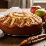 Traditional Amish apple cake on farmhouse table surrounded by apples and rustic baking tools.