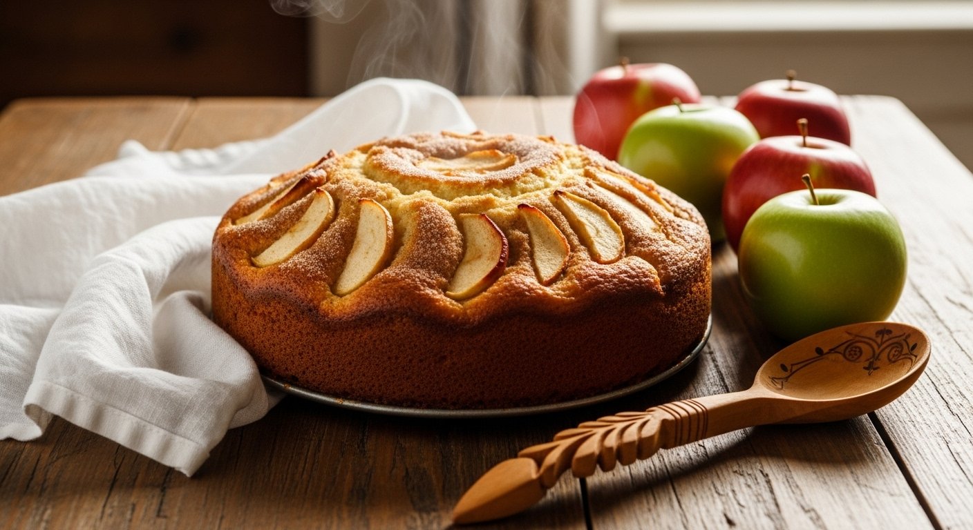 Traditional Amish apple cake on farmhouse table surrounded by apples and rustic baking tools.