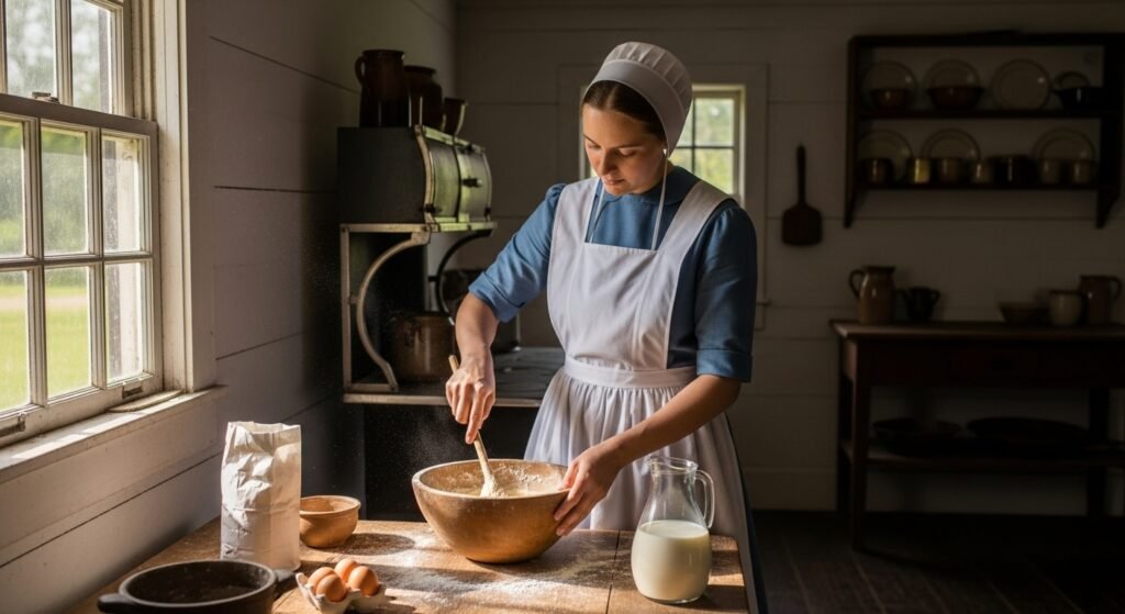 woman hand-mixing Amish apple cake batter in traditional wooden bowl with natural light.
