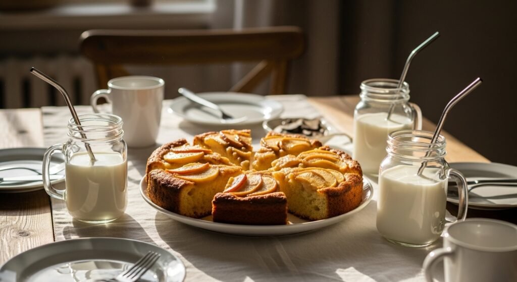 Slices of Amish apple cake on farmhouse table beside milk jars and linen cloth, representing community and gratitude.
