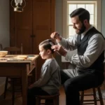 Amish father giving traditional haircut to young son as part of simple faith-based routine.