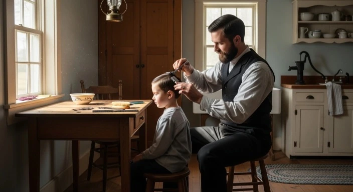 Amish father giving traditional haircut to young son as part of simple faith-based routine.