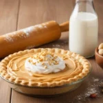 Amish peanut butter cream pie on farmhouse table with milk and peanuts, symbolizing simple living and tradition.