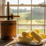 Fresh Amish butter on a farmhouse table with wooden churn and natural morning light.