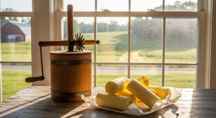 Fresh Amish butter on a farmhouse table with wooden churn and natural morning light.