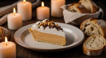 Slice of Amish peanut butter cream pie on farmhouse table beside bread and candles, evoking warmth and peace.
