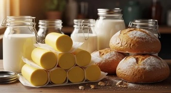 Fresh rolls of Amish butter beside jars of cream and homemade bread on a rustic table.
