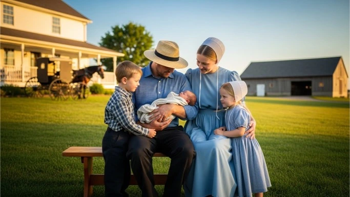 Amish family with newborn baby reflecting traditional Amish naming and family values